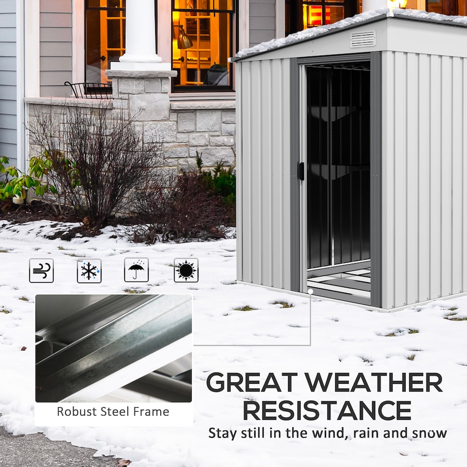 image 1 of Outsunny 7 x 5FT Galvanised Metal Garden Shed with Foundation, Lean to Shed, Tool Storage House with Sliding Doors, 2 Vents, Adjustable Shelves and Hooks, White