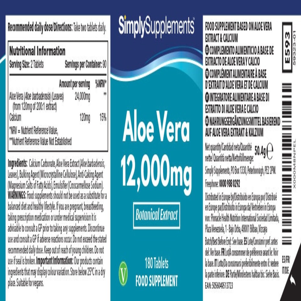 image 1 of Aloe Vera Extract 12,000mg - 180 Tablets