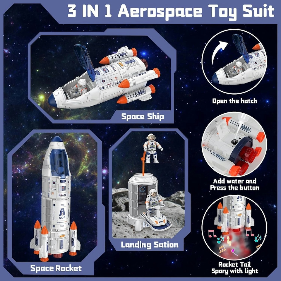 image 1 of Creative Space Adventure Toys for Kids Space Shuttle Rocket Set with Astronauts Rover Satellite and Solar System Mat