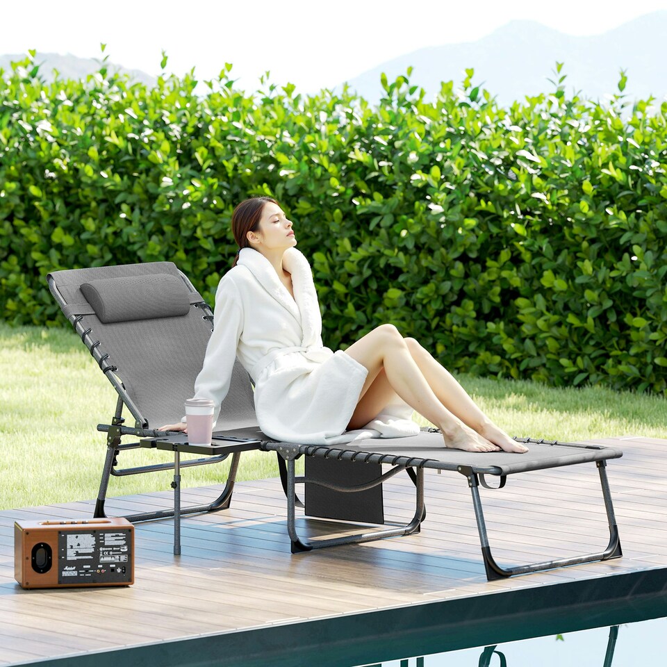 image 1 of Outsunny Folding Sun Lounger with 5-Level Reclining Back, Side Table, Beige