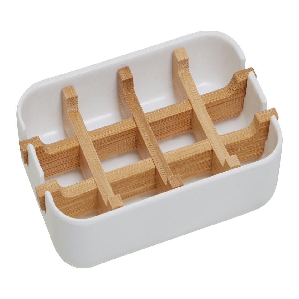 image 1 of Interiors by Premier White Soap Tray, Eco Soap Dish With Bamboo Insert, Biodegradable Rectangular Soap Holder With Drainage