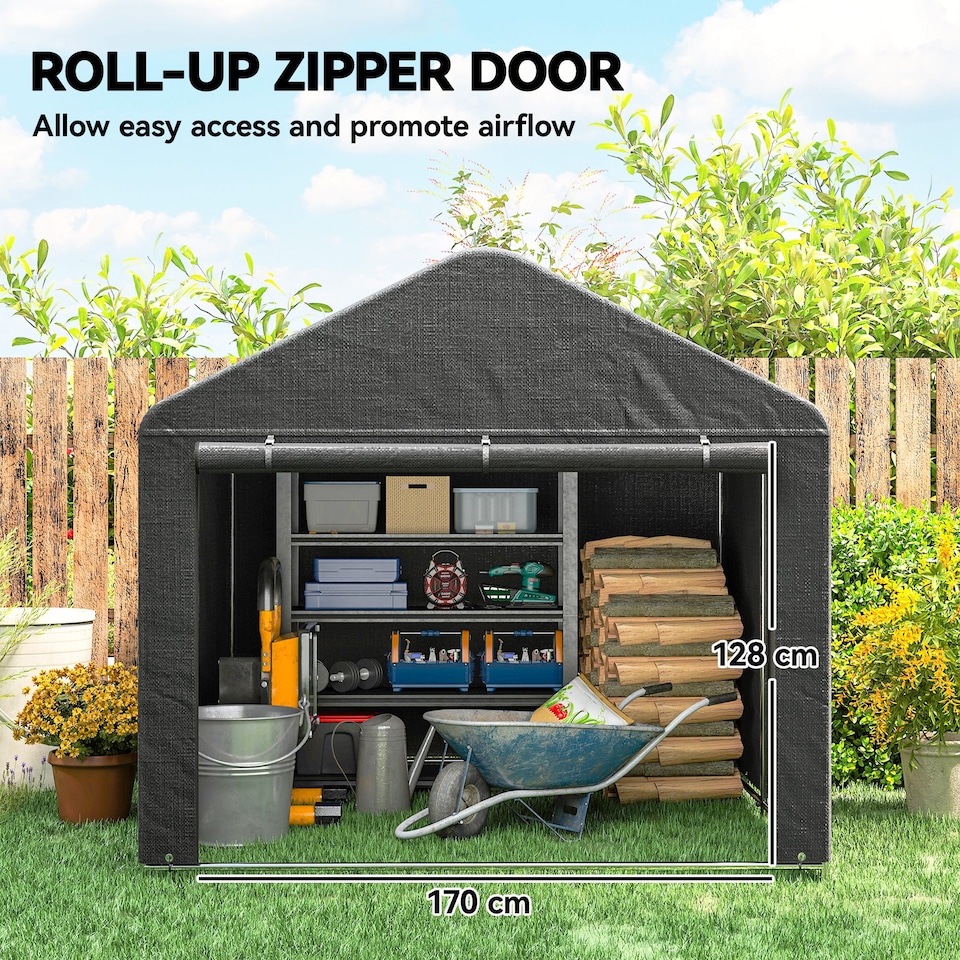 image 1 of Outsunny 6.6 x 7.8ft Outdoor Garden Storage Shed, Waterproof Bike Tent with Roll-up Zipper Door, Galvanised Metal Frame, Portable Shed Shelter Carport for Motorcycle Garden Tools, Dark Grey