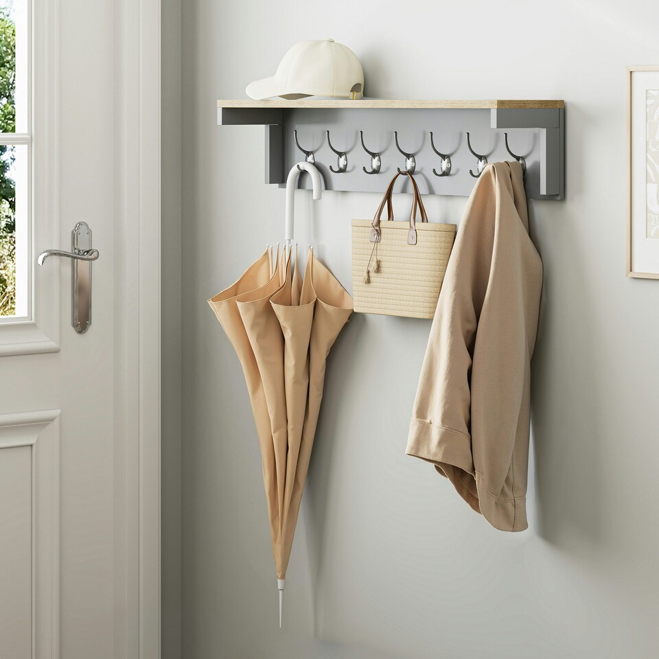 image 1 of VonHaus Ash Hall Grey Wall Mounted  Coat Hooks with Shelf Grey | One Size