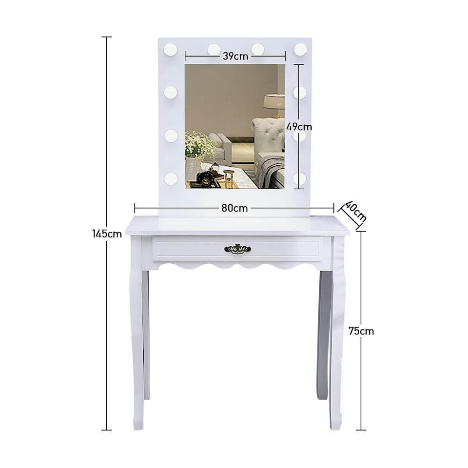 image 1 of Living and Home Vanity Dressing Table with LED Lights Mirror White White