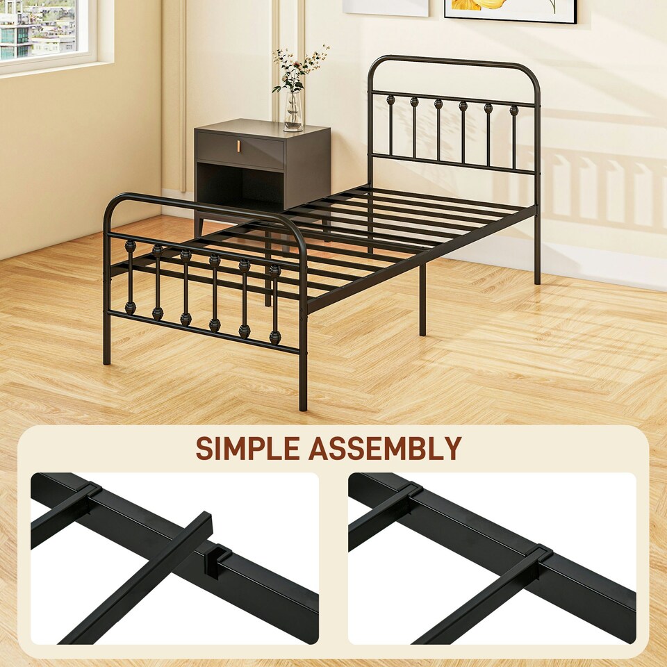 image 1 of HOMCOM 3ft Metal Single Platform Bed Frame w/ Underbed Storage Headboard Black