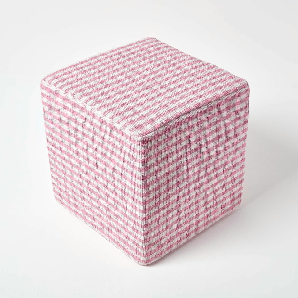 image 1 of Homescapes Pink Gingham Check Cotton Cube Pouffe - 36 x 36 x 38 cm | Pink | 36 x 36 x 38 cm