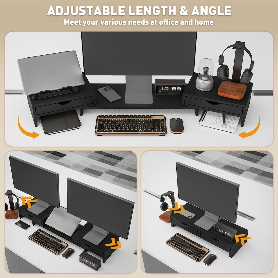 image 1 of HOMCOM Dual Monitor Stand Riser with 2 Drawers, Adjustable Length and Angle, 116cm Monitor Riser for Laptop, Computer, PC, Small Printer, Black
