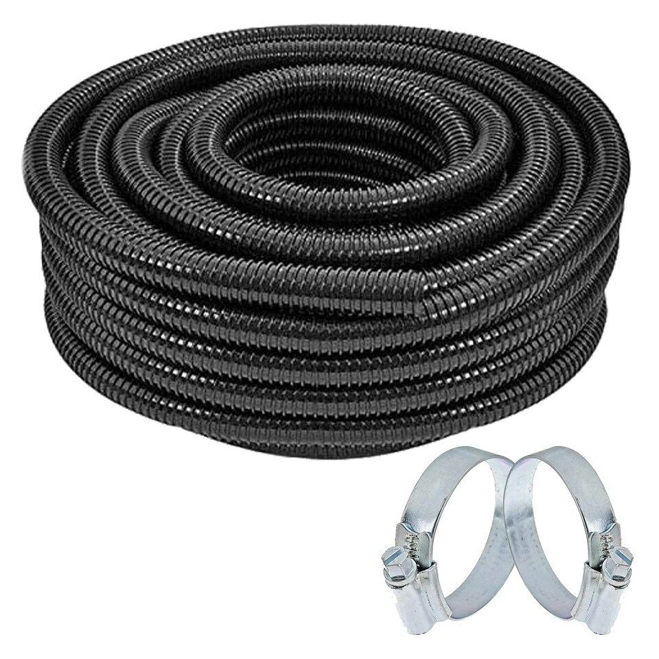 image 1 of SPARES2GO Corrugated Flexible Garden Fish Pond Marine Boat Hose Tube Pipe + 2 Clamp Clips (15m Length x 32mm Diameter) | Black