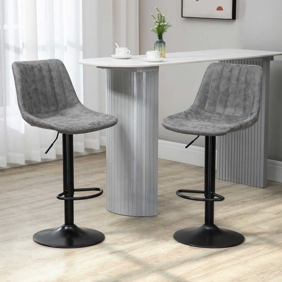 image 1 of HOMCOM Set Of 2 Microfibre Retro Tub Bar Stools Metal Frame Footrest Seat Grey