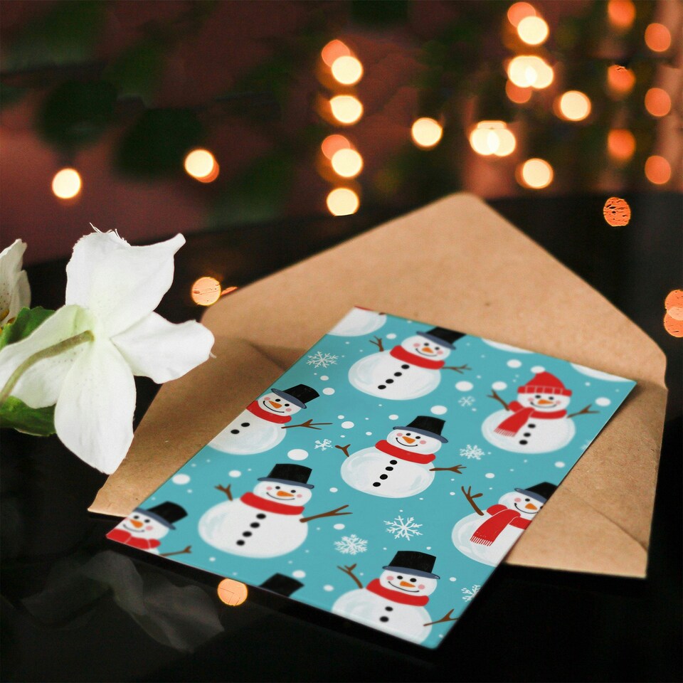 image 1 of Cute Snowman and Snowflake Pattern Blue Blank For Him Or Her Art Xmas Festive Christmas Card