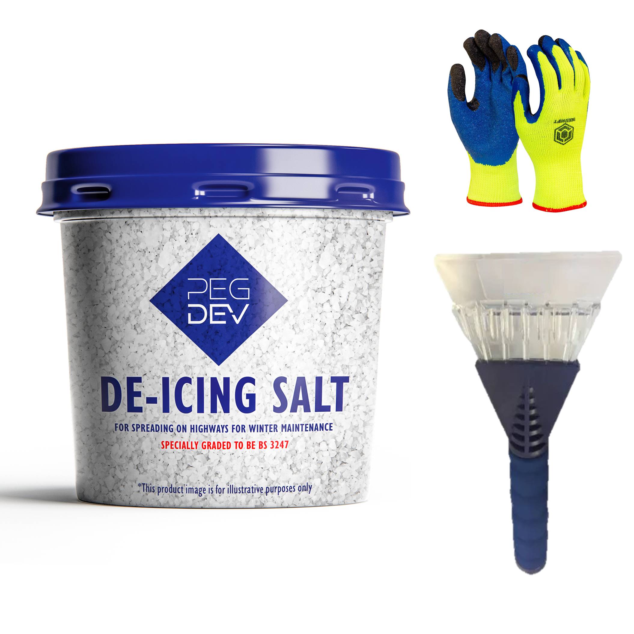 Pegdev White De-Icing Salt with Car Window Scraper & Thermal Gloves Rapid Formula 7kg