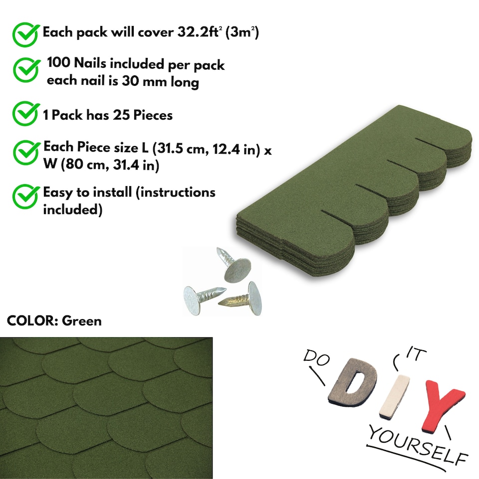 image 1 of Premium Asphalt Roof Shingles - Fish Scales Design 80 x 31.5 cm Weather Resistant Roofing Felt (25 Pcs)