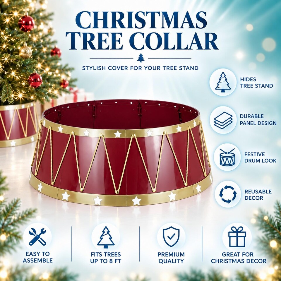 image 1 of 25.6 to 28.4 Inch Drum Christmas Tree Collar Foldable Base Cover for a Neat Festive Finish