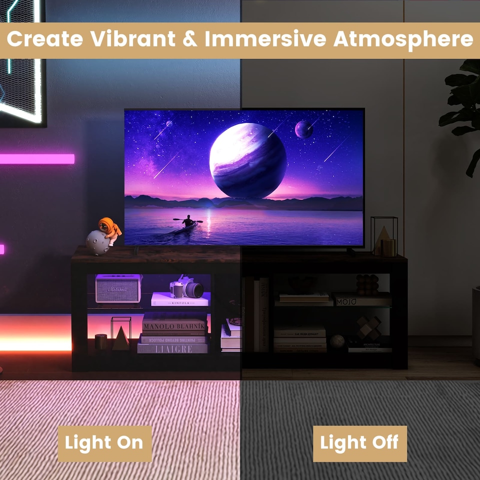 image 1 of COSTWAY TV Stand LED Light for 65 Inch Modern Media Console Table Shelves