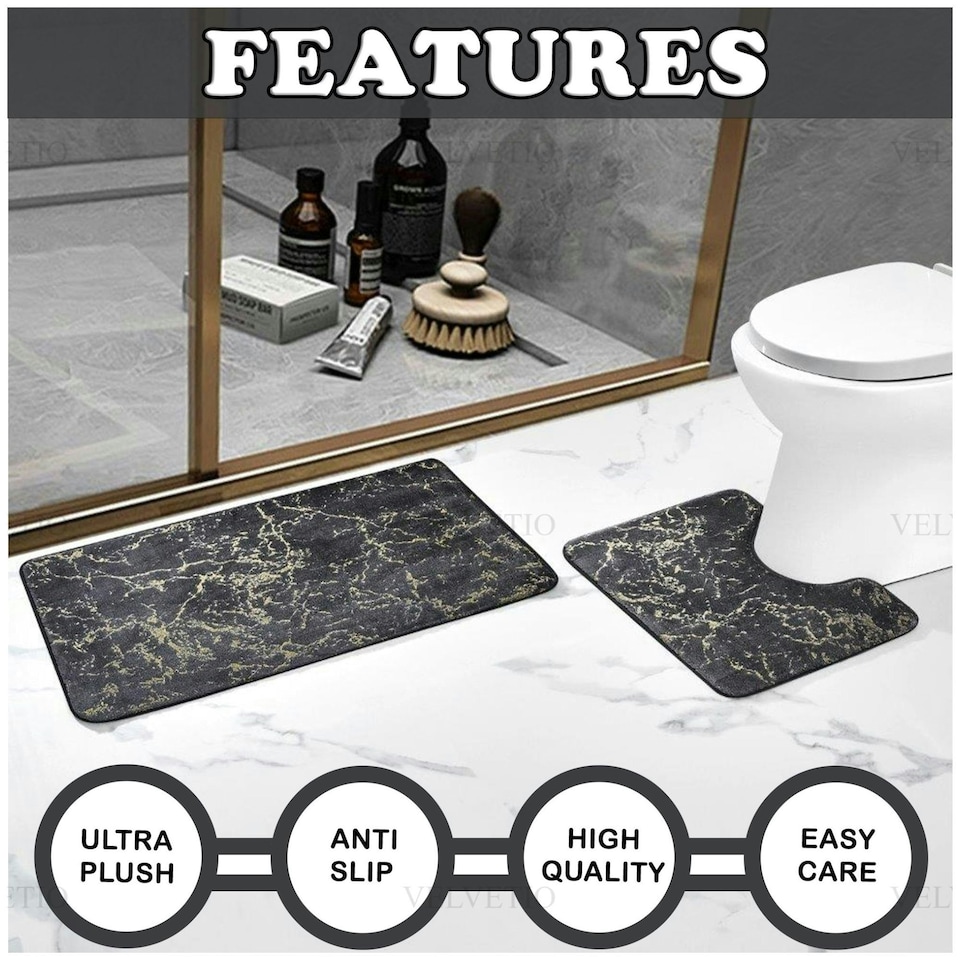 image 1 of VELVETIO Glitter Bath Mat Set Non Slip Water Absorbent Toilet Rugs Grey
