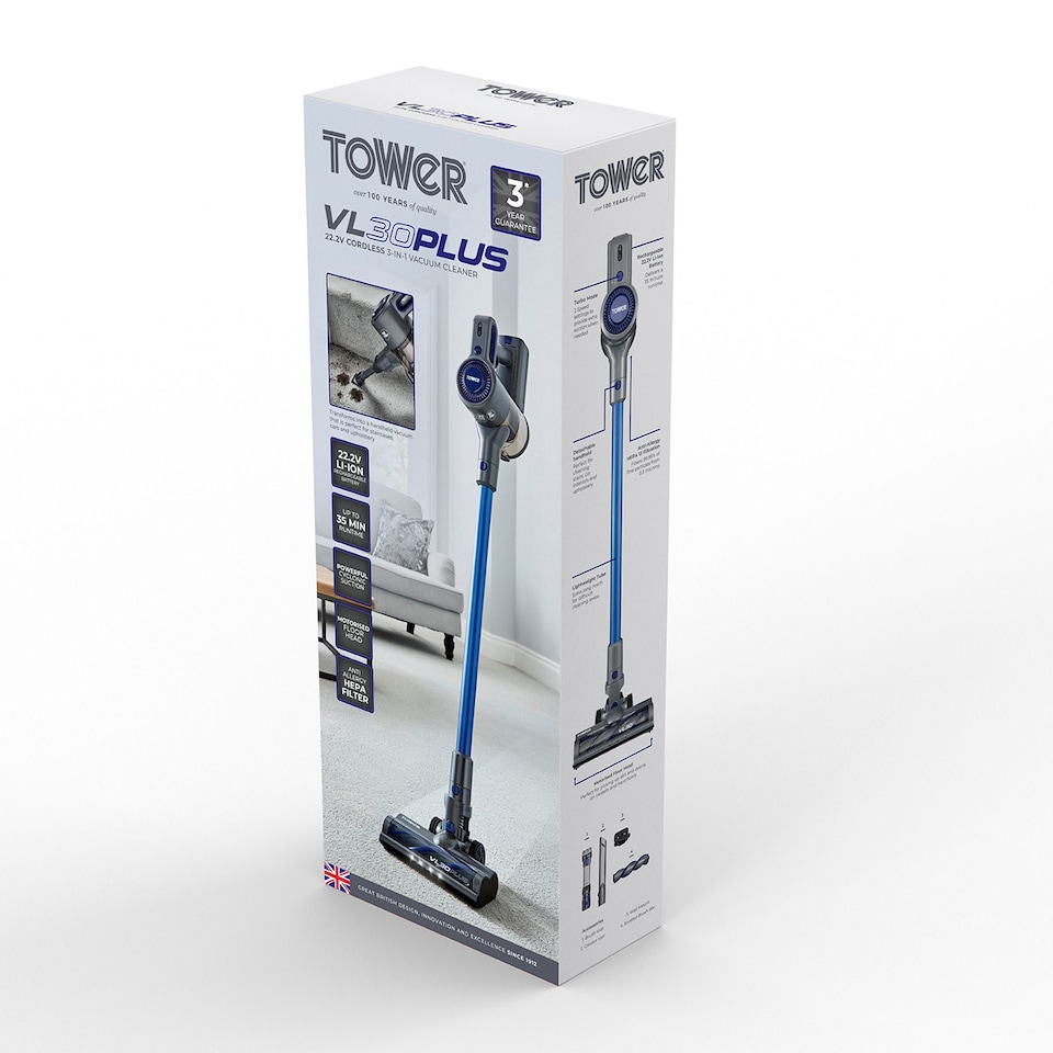 image 1 of Tower VL30 Cordless 3-in-1 Vacuum Cleaner with HEPA Filter, 1L, 150W, 22.2V, Blue & Grey, T513003