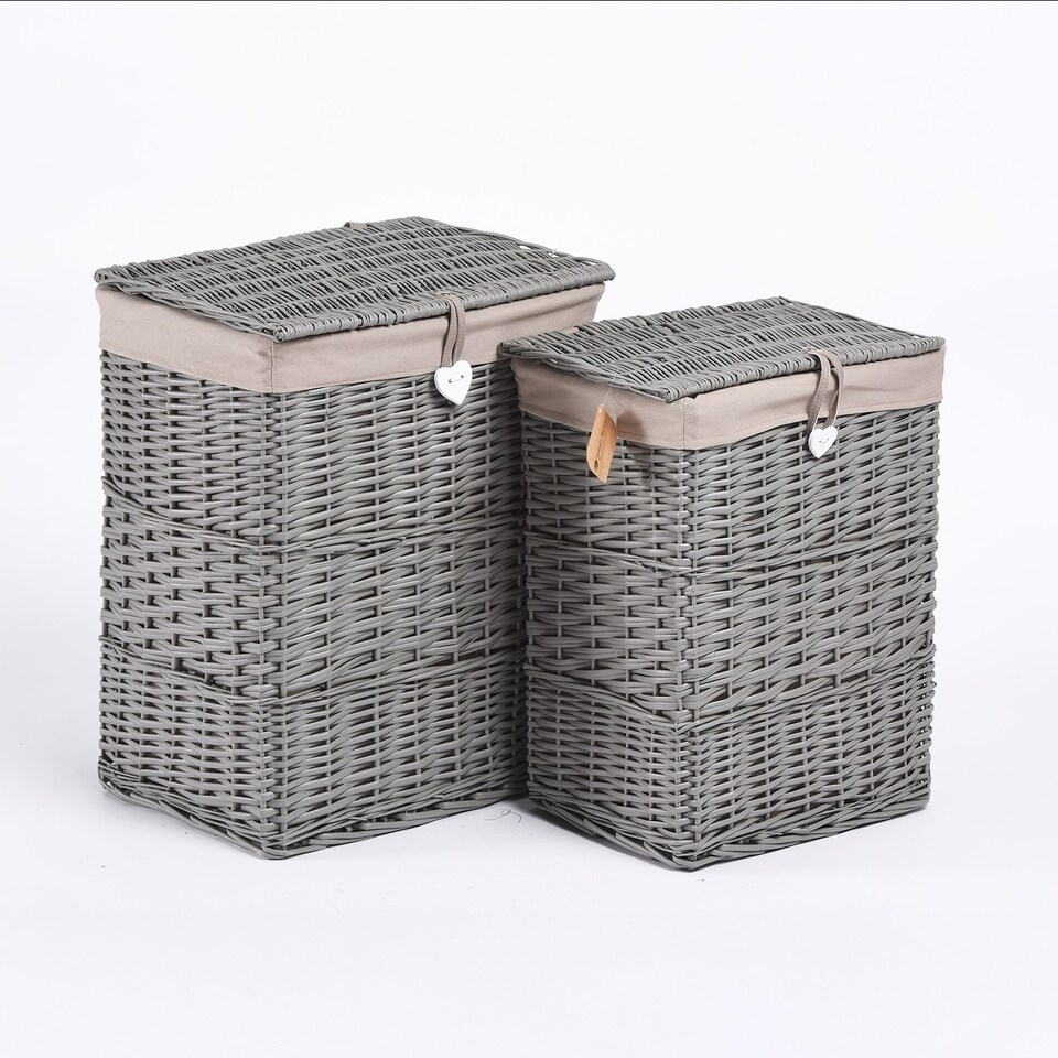image 1 of Premium Grey Paint Wicker Laundry Basket Cotton Lining With Lid Bathroom Storage (Grey, Small)