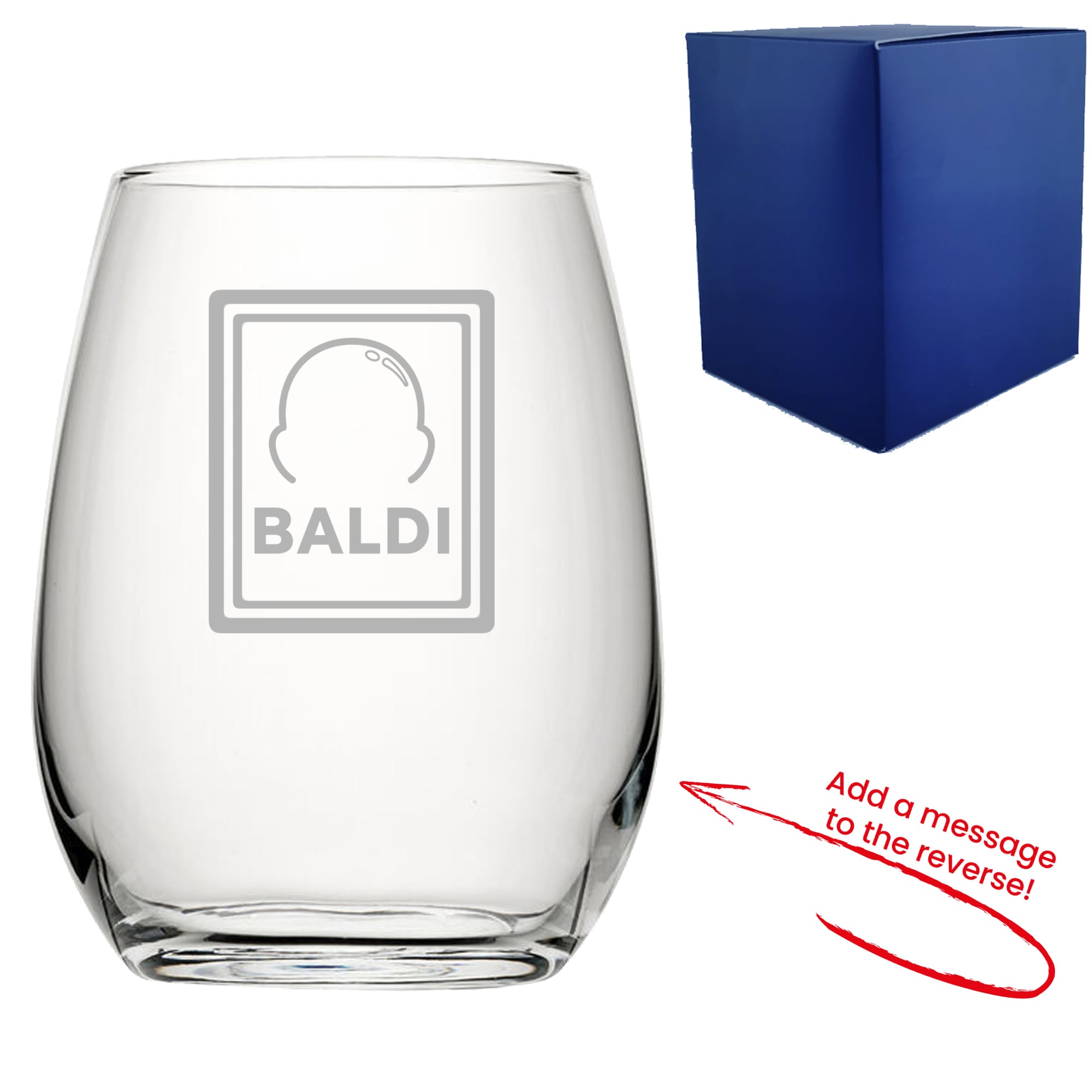 Uniqueful Personalised Engraved Stemless Wine Glass Baldi Design Message Reverse in Clear