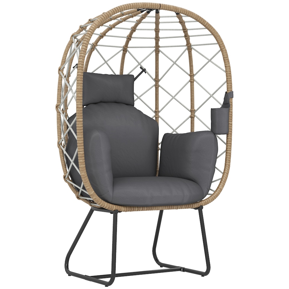 image 1 of Outsunny Rattan Egg Chair Outdoor Indoor Wicker Chair with Thickened Cushion and Headrest, Standing Garden Egg Chair with Cup Holder, Metal Frame for Patio, Balcony, Brown | Brown