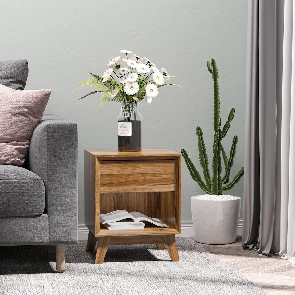 image 1 of HOMCOM Modern Bedside Table Nightstand, Living Room End Table, Side Table with Drawer and Shelf, Walnut Brown