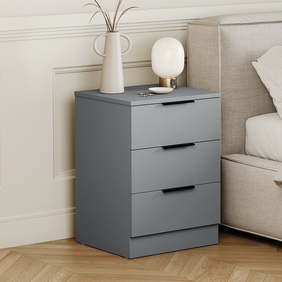 image 1 of Vida Designs Trega 3 Drawer Bedside Chest Bedroom Storage Unit, (H) 50cm x (W) 39cm x (D) 28cm, Grey, Set of 2