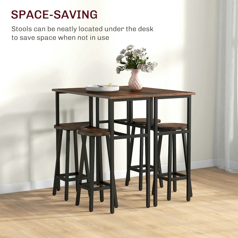 image 1 of HOMCOM 6-Piece Industrial Bar Table Set, 2 Kitchen Tables with 4 Stools, Brown