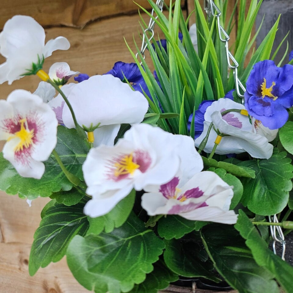 image 1 of Pair of 30cm 10 Inch Lilac & White Pansy Flower with Decorative Rattan Hanging Baskets for Indoor Outdoor Garden Use | Blue | Lilac & White | 1