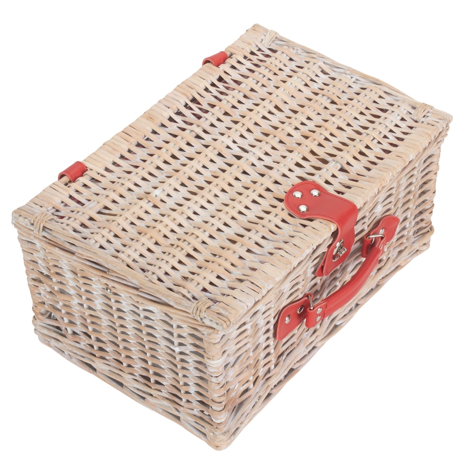 image 1 of Red and White Gingham 2 Person Fitted Wicker Picnic Basket