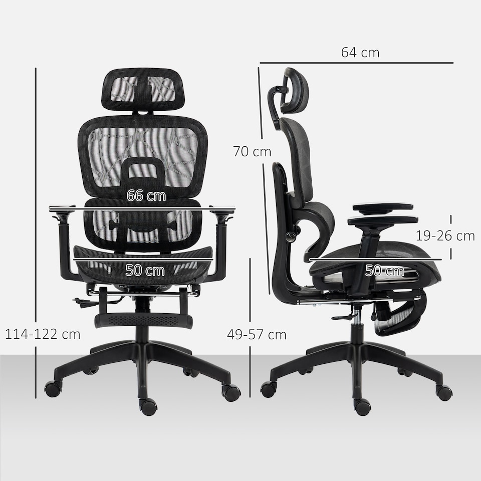 image 1 of HOMCOM Ergonomic Office Chair, Mesh High Back Computer Desk Chair with 3 Level Adjustable Back, Adjustable Lumbar Support, Swivel Recliner with 3D Armrest, Headrest, Footrest, Black | Black