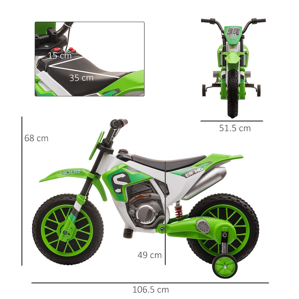 image 1 of HOMCOM Kids Electric Motorbike, 12V Battery Powered Kids Motorbike for Boys and Girls with Training Wheels, Start-up Button, Pedal, for Ages 3-5 Years - Green