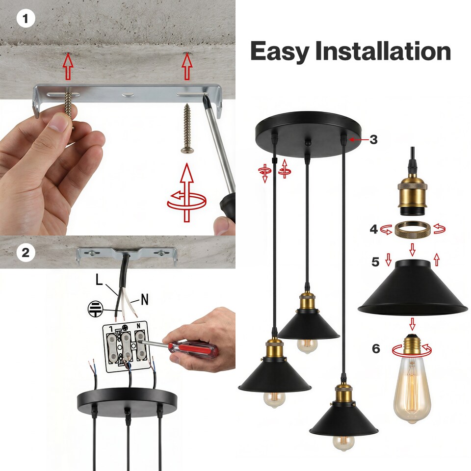 image 1 of Emitto Pendant Light 3 Lights Height Adjustable Vintage Ceiling Light Black