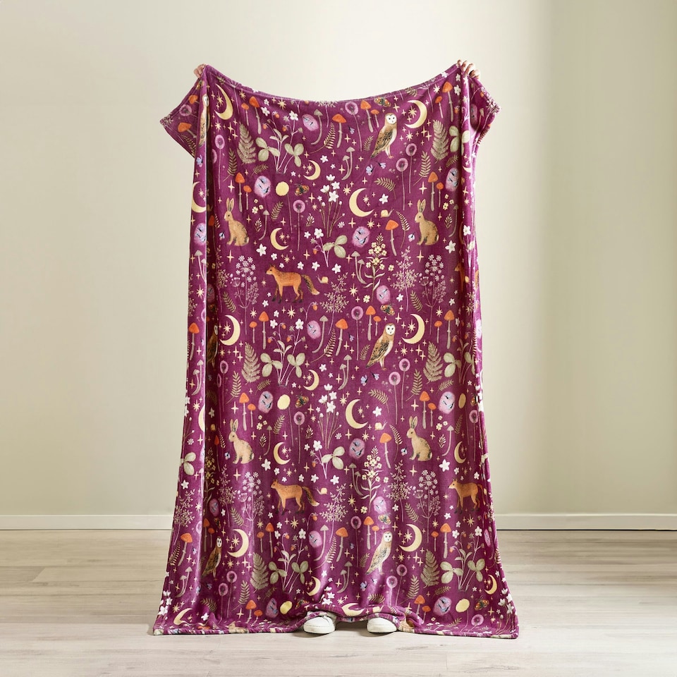 image 1 of Catherine Lansfield Enchanted Twilight Animals Cosy Fleece Blanket Throw Plum Purple | Plum