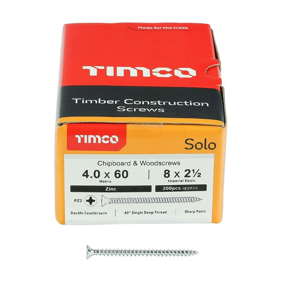 image 1 of Timco - Solo Chipboard & Woodscrews - PZ - Double Countersunk - Zinc (Size 4.0 x 60 - 200 Pieces)