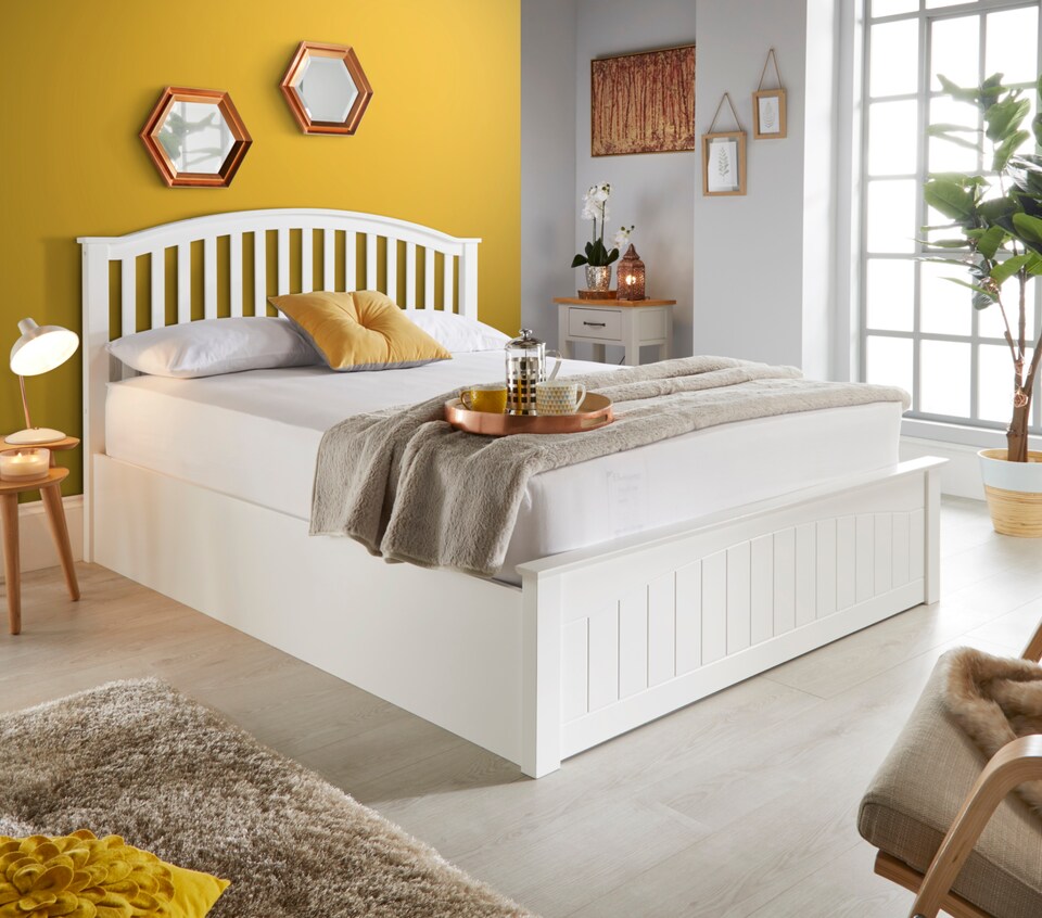 image 1 of 4ft6 Double White,curved,wood wooden ottoman gas lift up storage bed frame.