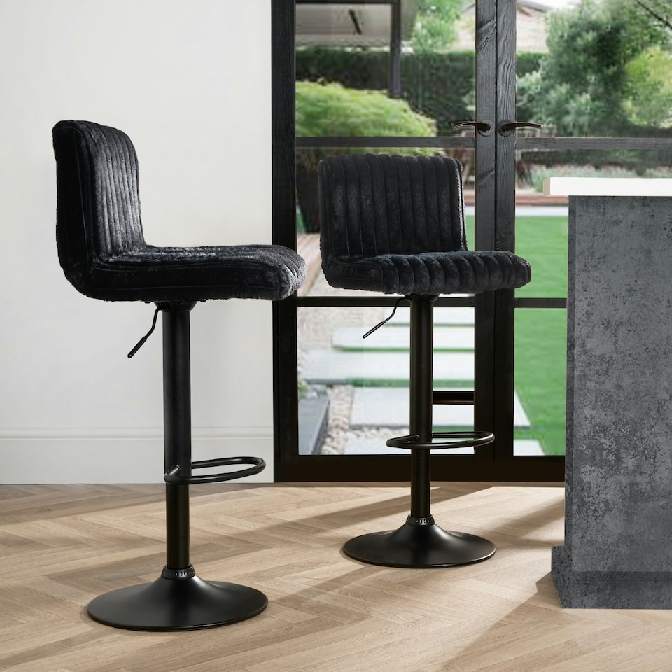 image 1 of OHS 2 x Faux Fur Ribbed Swivel Height Adjustable Counter Bar Stools Black