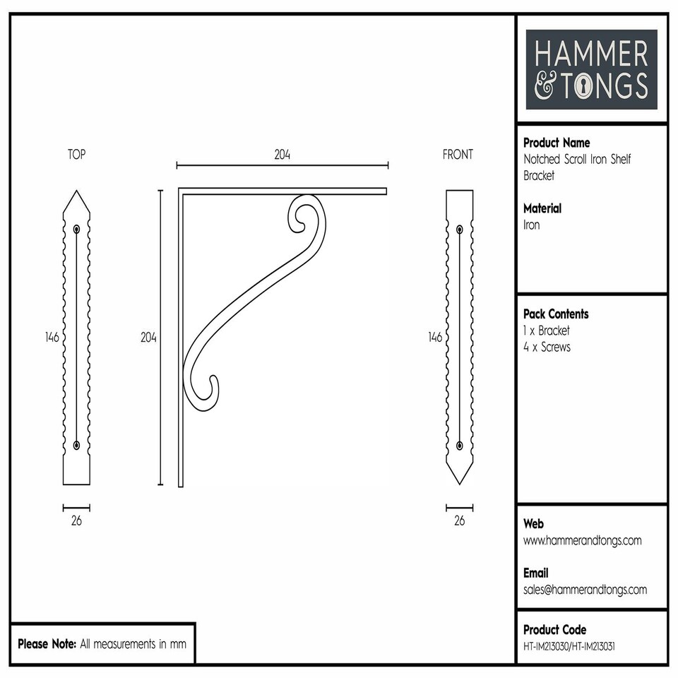 image 1 of Hammer & Tongs Notched Scroll Iron Shelf Bracket - D205mm - Raw