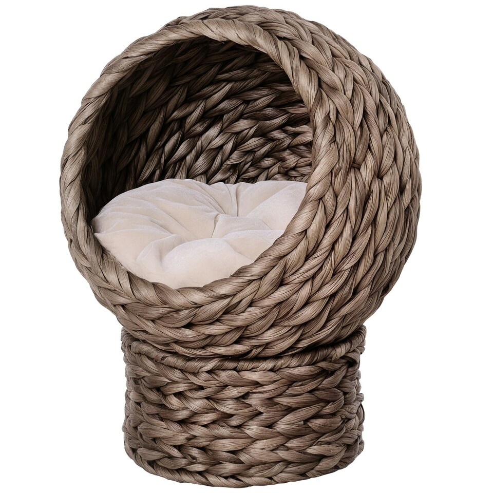 image 1 of PawHut Wicker Cat House, Raised Cat Bed with Cushion, 42 x 33 x 52cm, Dark Brown