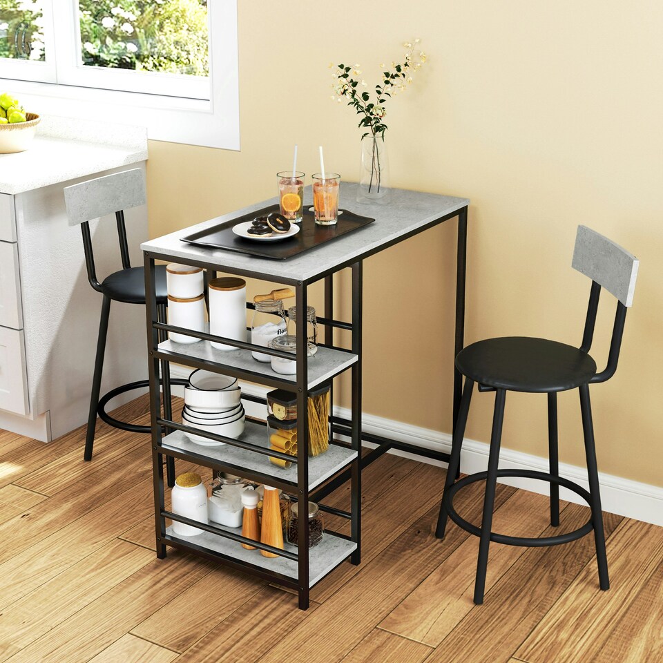 image 1 of HOMCOM 3 Piece Breakfast Bar Table Set with Storage Shelves, Light Grey Grey