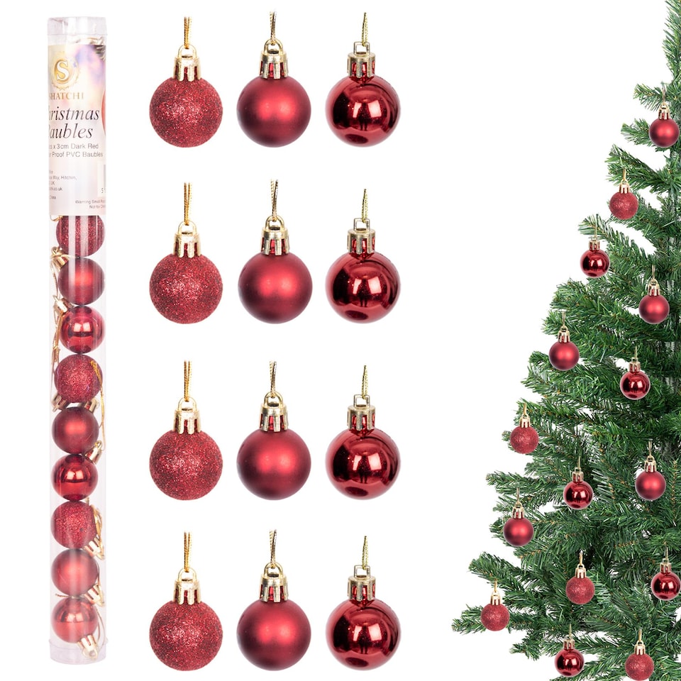 image 1 of 30mm/24Pcs Christmas Baubles Shatterproof Dark Red, Christmas Tree Decorations
