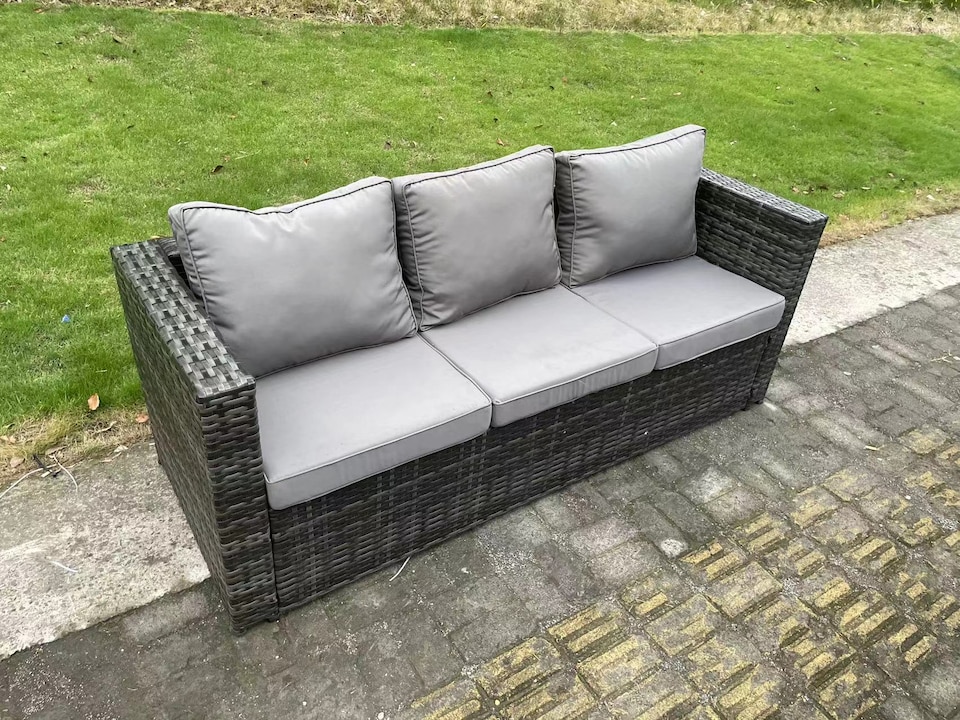 image 1 of Fimous 8 Seater Outdoor Rattan Garden Furniture Sofa Set Gas Fire Pit Dining Table Gas Heater Burner With 3 Seater Sofa 2 Big Footstools Dark Grey Mixed