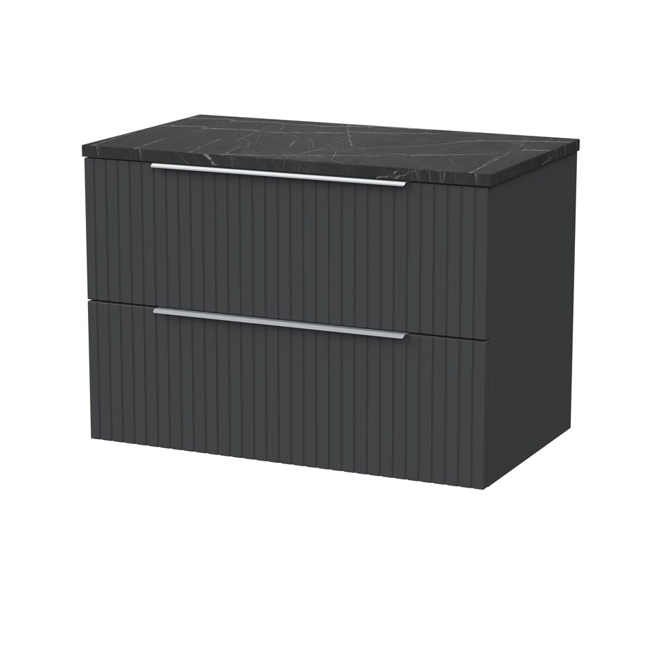 image 1 of Balterley Callingwood Contemporary Wall Hung 2 Drawer Vanity Unit with Black Pietra Marble Laminate Worktop , 800mm, Dark Grey