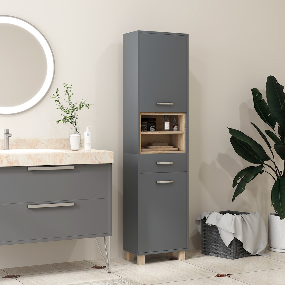 image 1 of HOMCOM Bathroom Storage Unit with Open Shelves and Drawer
