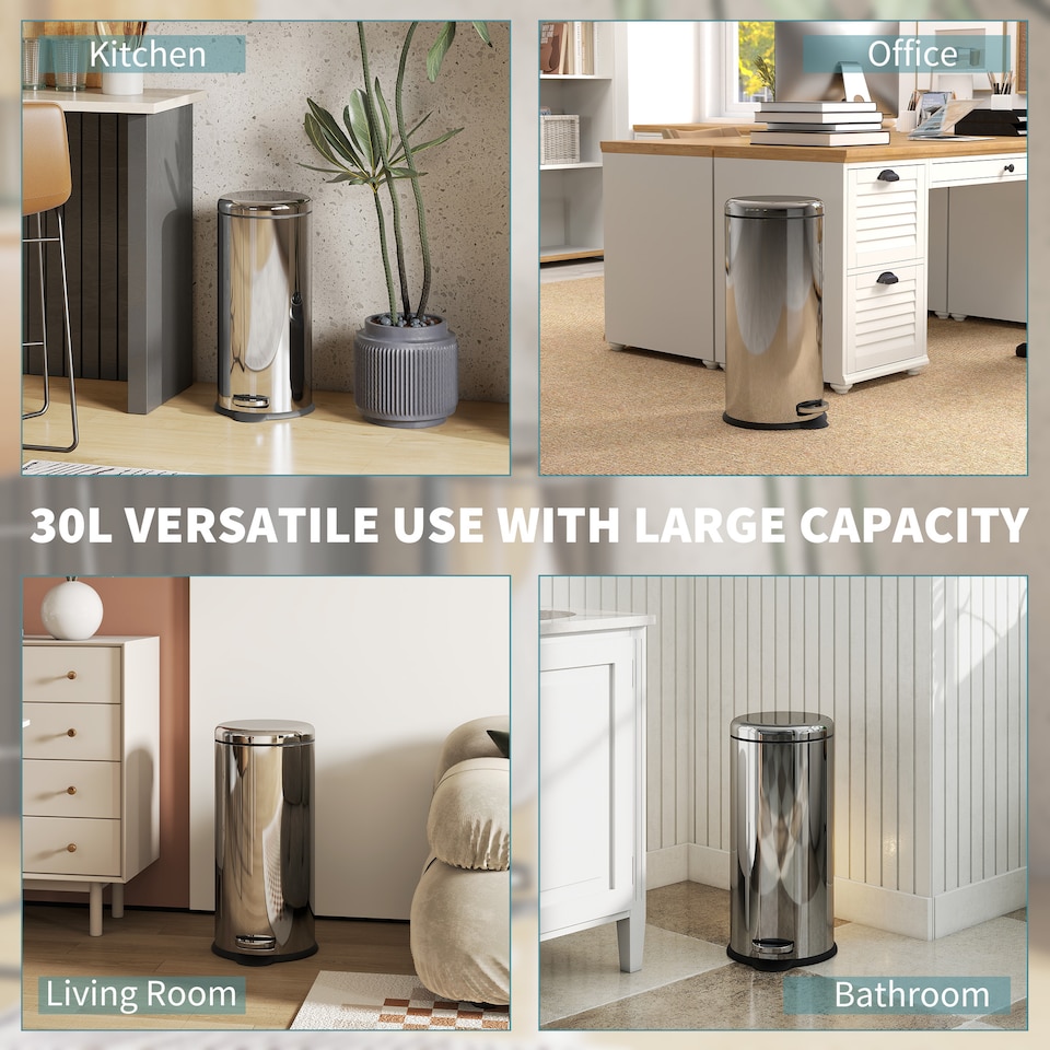 image 1 of HOMCOM Foot Pedal Bin Stainless Steel Metal Waste Rubbish Lid Kitchen Garbage 30L Silver | Multi | 1