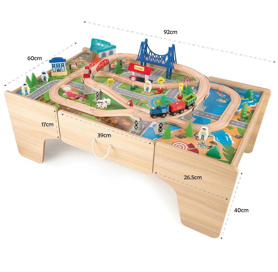 image 1 of Hooga Kids Activity Table Including 80 Piece Wooden Train Playset | Brown