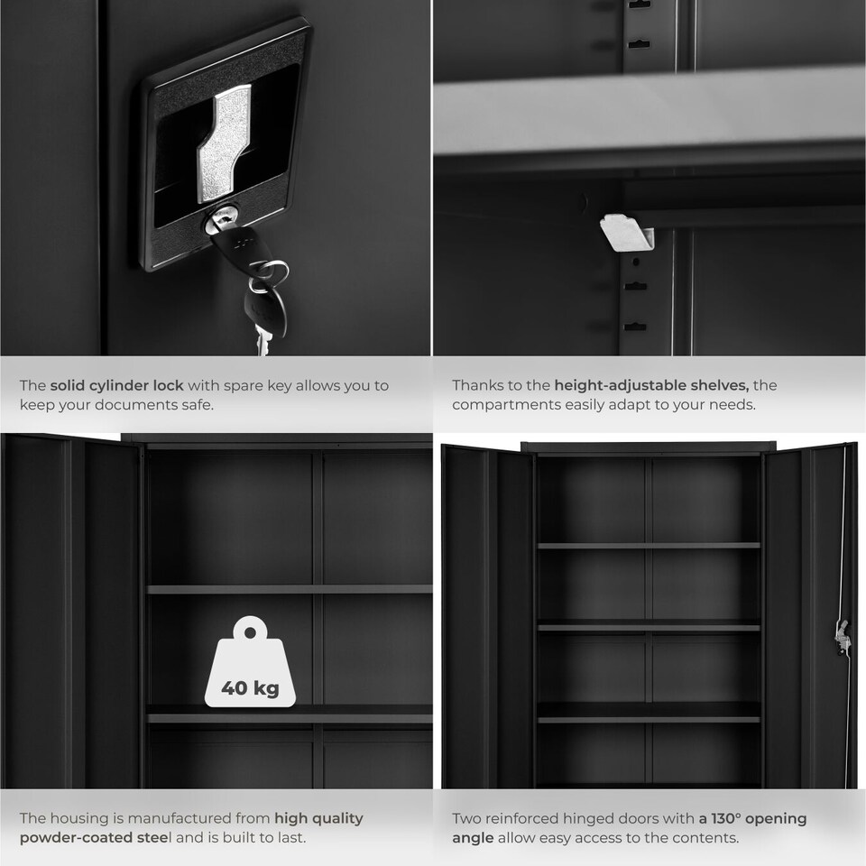 image 1 of Filing Cabinet - 4 adjustable shelves, lockable, 140 x 90 x 40 cm | Black | black | 40 x 90 x 140 cm | 1
