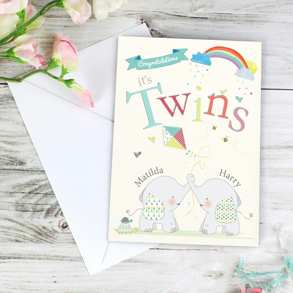 image 1 of Personalised Hessian Elephant Twins Card
