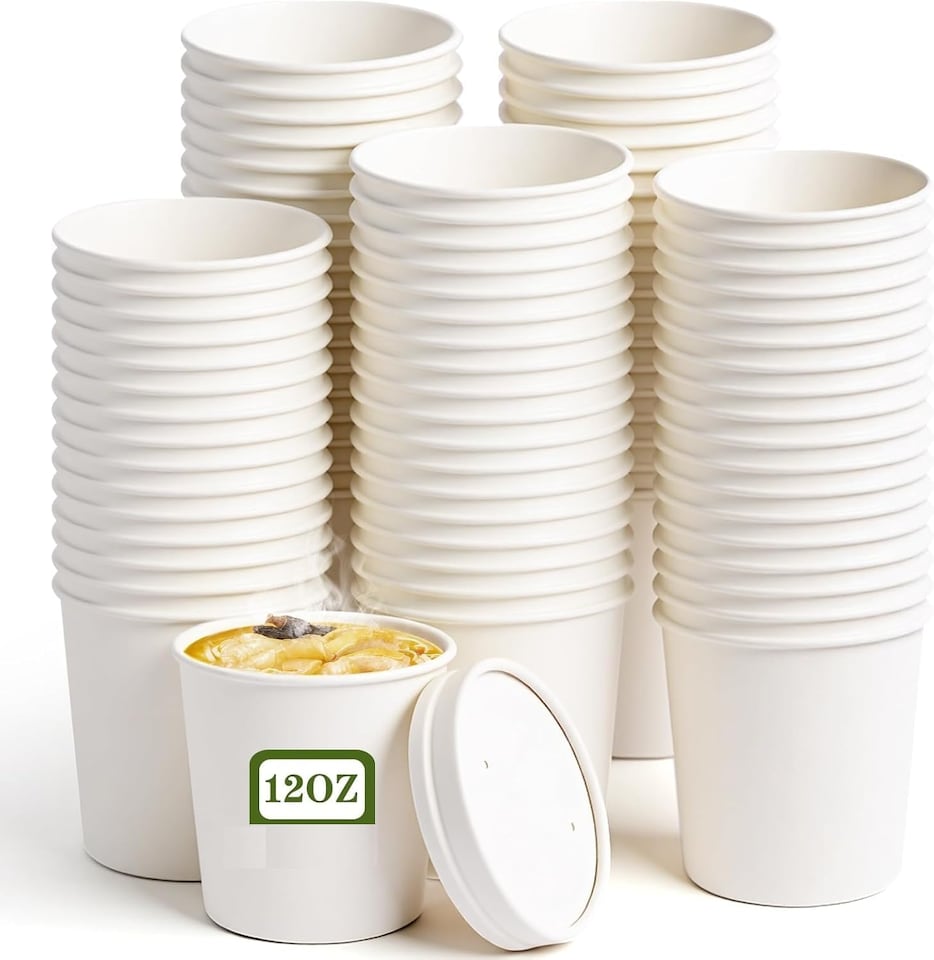 image 1 of ECONX 12oz White Disposable Paper Soup Cups Food Containers with Lids Takeaway Tubs 50pc
