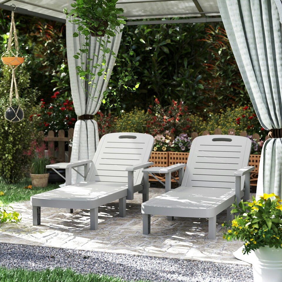 image 1 of Outsunny Set of 2 Resin Reclining Sun Loungers for Garden Grey | Light Grey