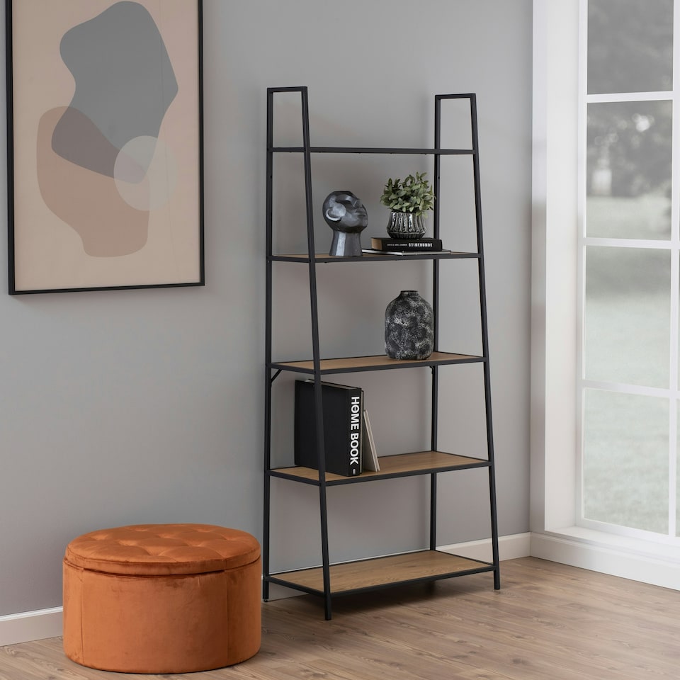 image 1 of Seaford Black Metal Ladder Bookcase with 5 Oak Shelves