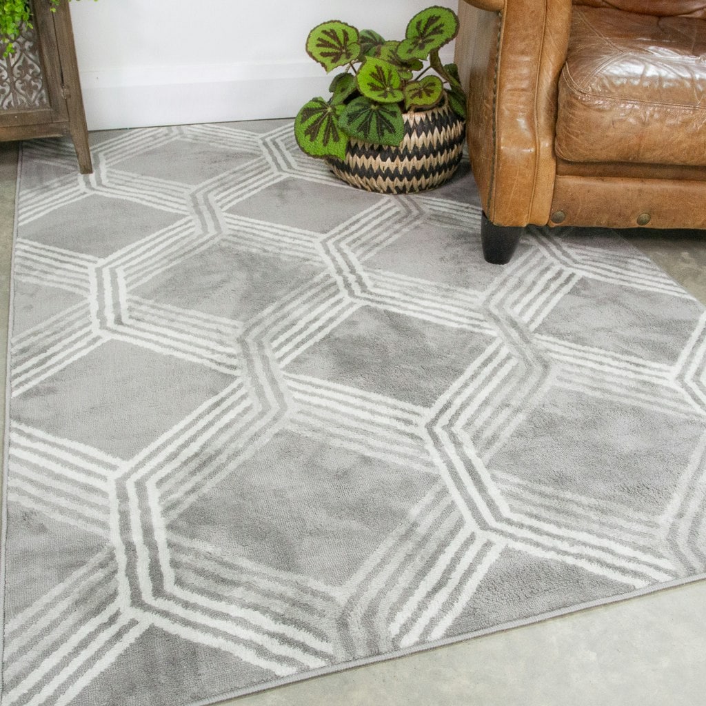KUKOON Silver Grey Modern Geometric Living Area Rug 190cm x 280cm | Grey